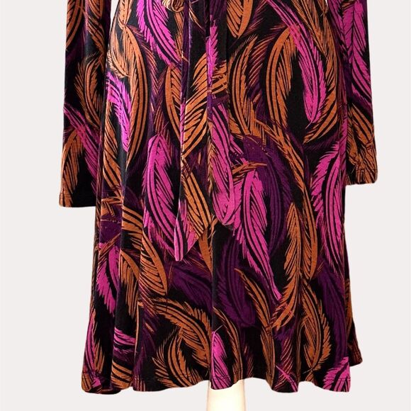 Three Dots Knit Dress Feather Print Purple Brown XS bv - Picture 5 of 9